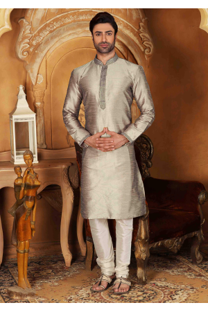 White with Silver Color Silk Kurta Set